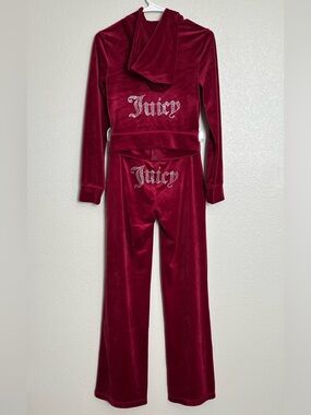 Juicy Couture Velour Tracksuit Set XS Burgundy Rhinestone Logo Hoodie Flare Pant
